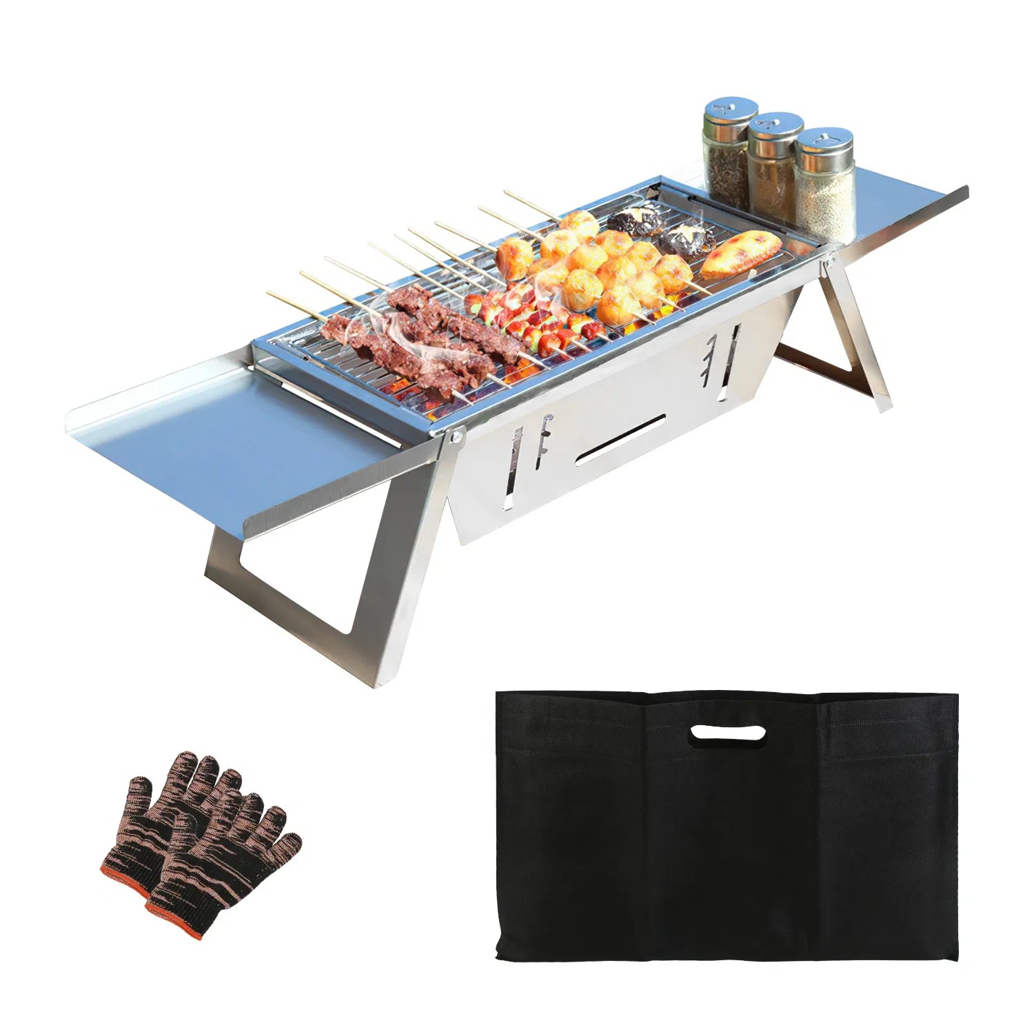 3 In 1 Foldable Charcoal Grill Fire Pit Slow Cooker 2-3 People Portable Camping Grill Stainless Steel BBQ Grill For Camping Tailgating Yard GPCT5452