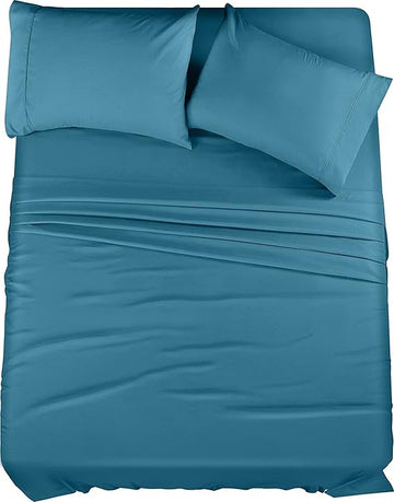 King Size Bed Set 4 Piece Brushed Microfiber Shrink and Fade Resistant Easy Care Duvet Cover Set (King Size, Denim Blue)