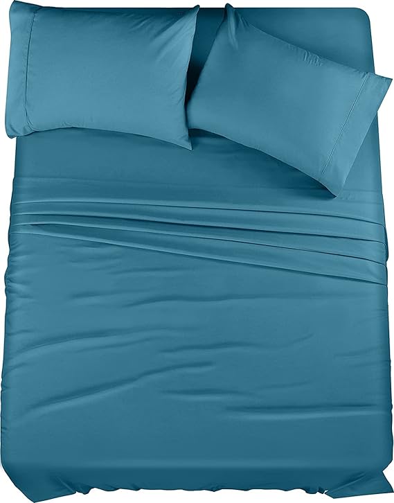 King Size Bed Set 4 Piece Brushed Microfiber Shrink and Fade Resistant Easy Care Duvet Cover Set (King Size, Denim Blue)
