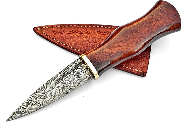 Hand Forged Damascus Steel Blade Custom Handmade Rose Wood Handle with Leather Sheath, Brown, Black and Silver