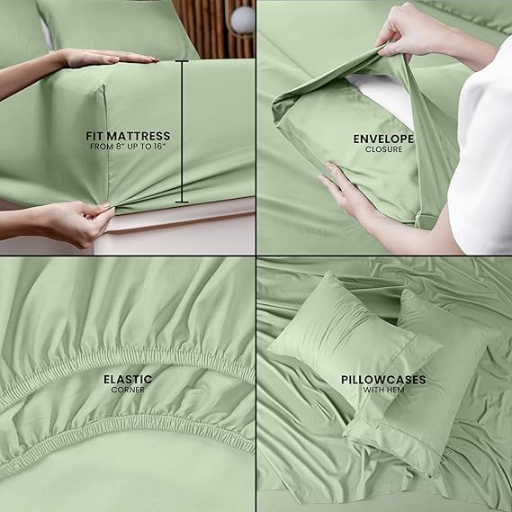 King Size Bed Set 4 Piece Brushed Microfiber Shrink and Fade Resistant Easy Care Bedding Set (King Sage)