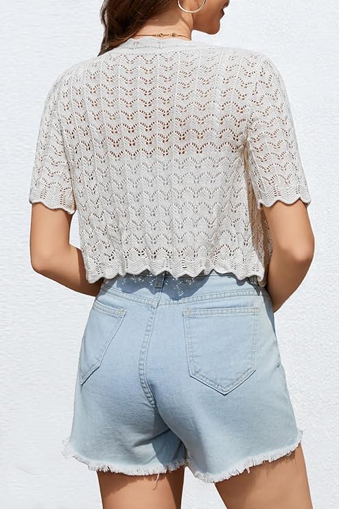 LIV LOS ANGELES Half Sleeve Knitted Crochet Front Tie Top
