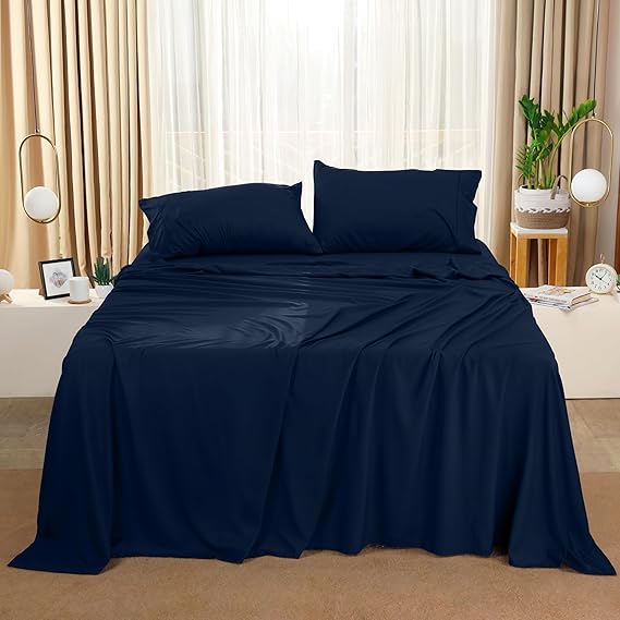 4pc Microfiber Bed Sheet Set (Navy, King)