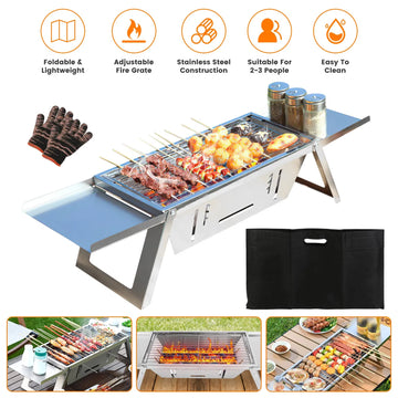 3 In 1 Foldable Charcoal Grill Fire Pit Slow Cooker 2-3 People Portable Camping Grill Stainless Steel BBQ Grill For Camping Tailgating Yard GPCT5452