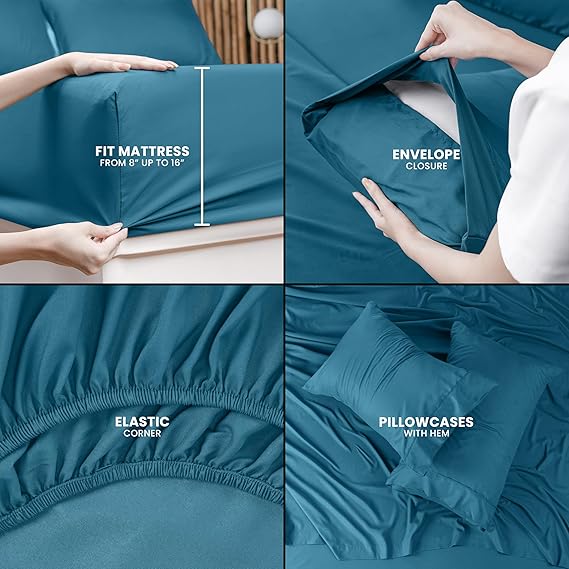 King Size Bed Set 4 Piece Brushed Microfiber Shrink and Fade Resistant Easy Care Duvet Cover Set (King Size, Denim Blue)