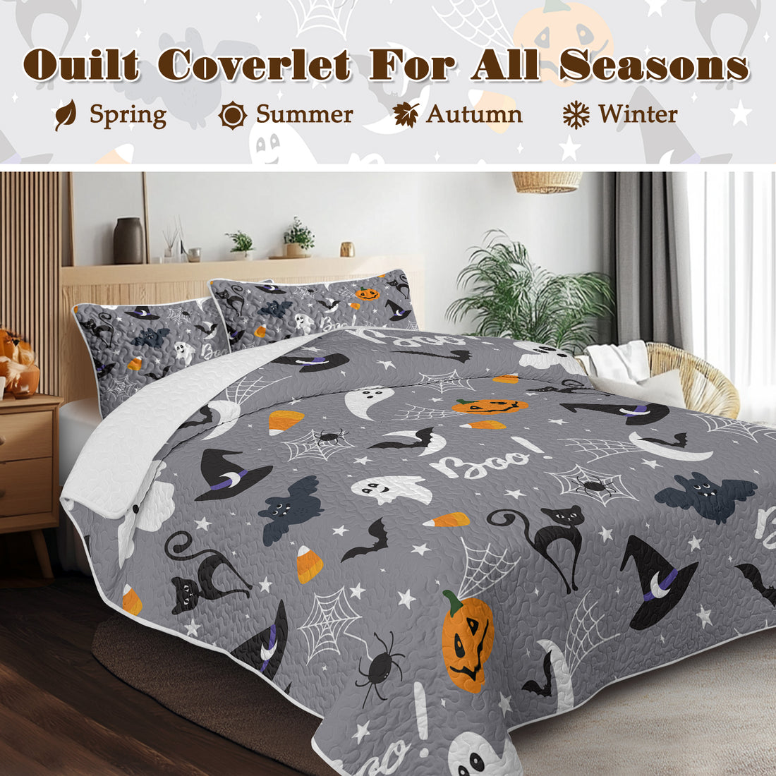 3pcs Halloween Pumpkin Set Comforter Set For Girls Boys Women, Soft Lightweight Halloween Bedding Set 1 Coverlet And 2 Pillowcases