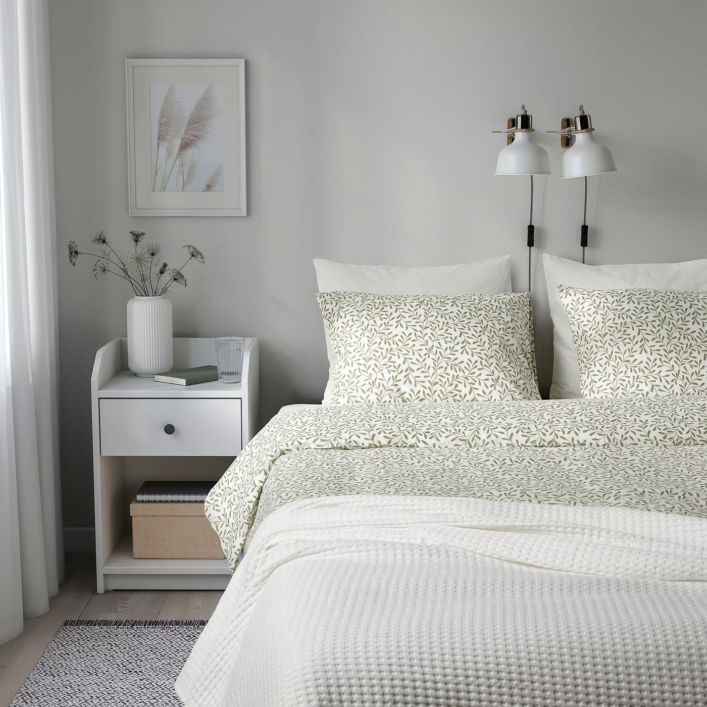 Duvet cover and pillowcase, white/green, 140x200/80x80 cm