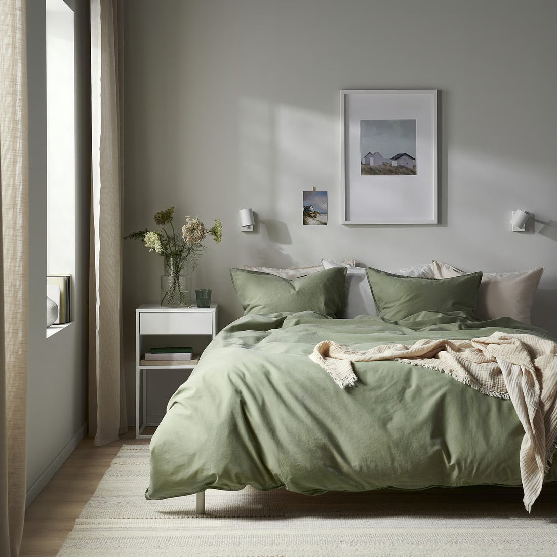 Duvet cover and 2 pillowcases, grey-green, 240x220/80x80 cm
