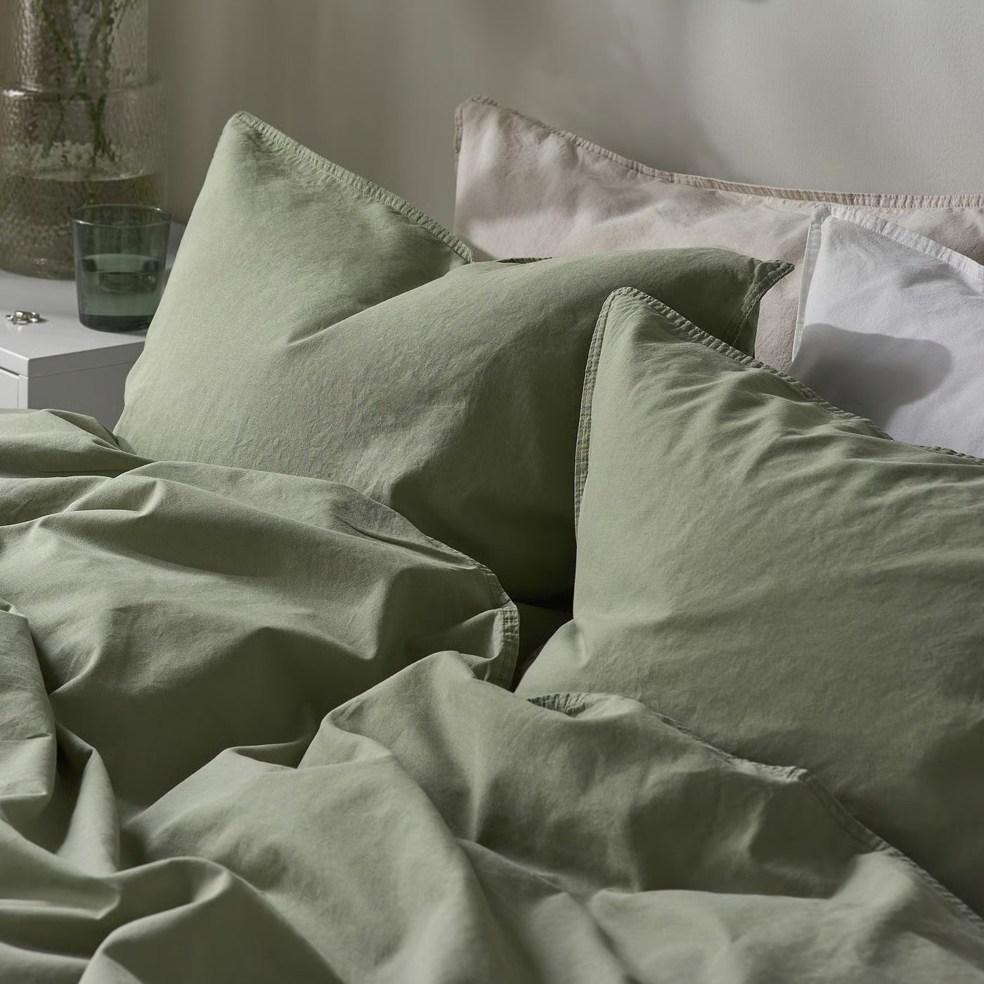 Duvet cover and 2 pillowcases, grey-green, 240x220/80x80 cm
