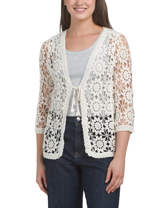 LIV LOS ANGELES Half Sleeve Knitted Crochet Front Tie Top